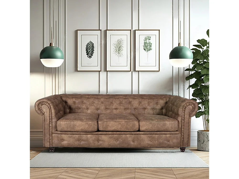 Canapé 3 places marron vieilli revêtement effet cuir capitonné 213x85x72cm FEILD