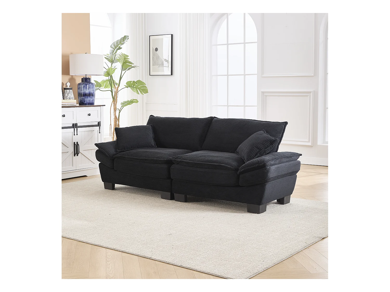 Canapé fixe 2 places en velours noir ultra-profond – assise moelleuse et accoudoirs rembourrés - 224x81x81cm