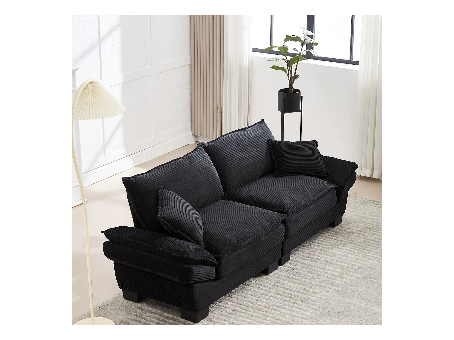 Canapé fixe 2 places en velours noir ultra-profond – assise moelleuse et accoudoirs rembourrés - 224x81x81cm