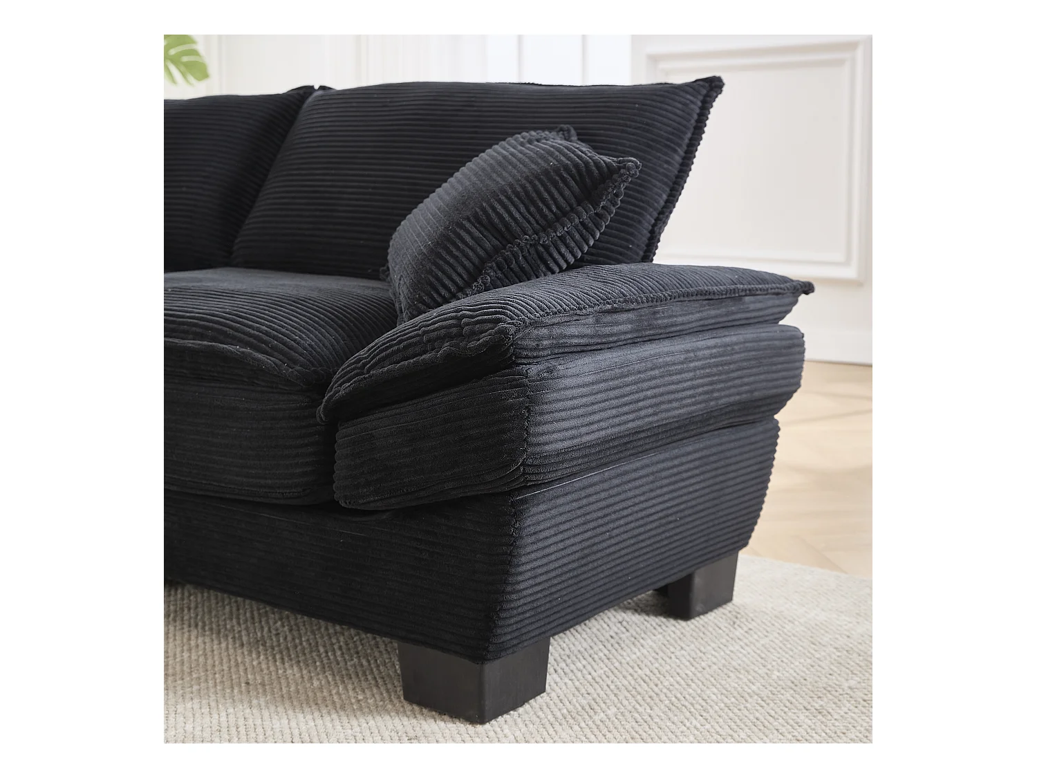 Canapé fixe 2 places en velours noir ultra-profond – assise moelleuse et accoudoirs rembourrés - 224x81x81cm