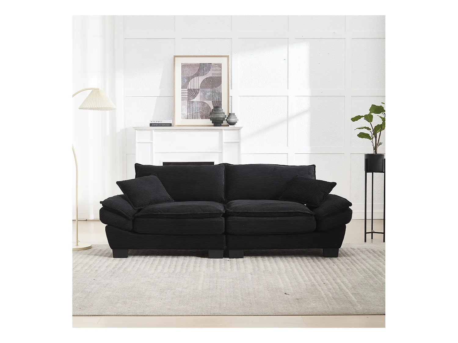 Canapé fixe 2 places en velours noir ultra-profond – assise moelleuse et accoudoirs rembourrés - 224x81x81cm