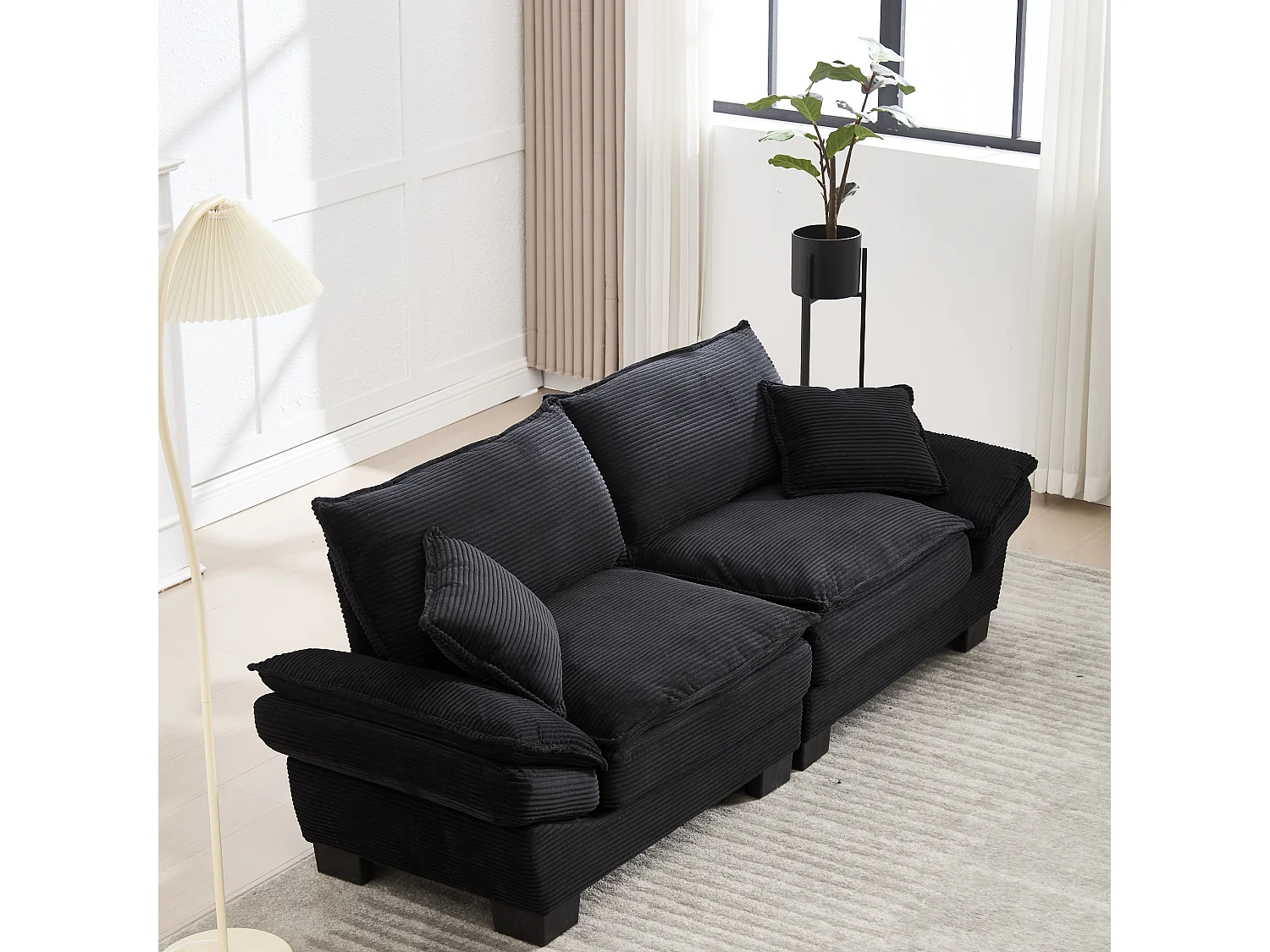 Canapé fixe 2 places en velours noir ultra-profond – assise moelleuse et accoudoirs rembourrés - 224x81x81cm