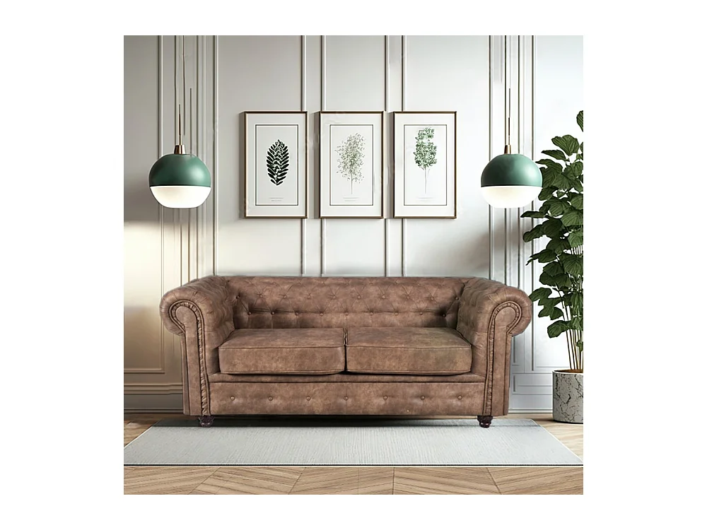 Canapé 2 places Marron vieilli revêtement effet cuir capitonné 183x85x72cm FEILD