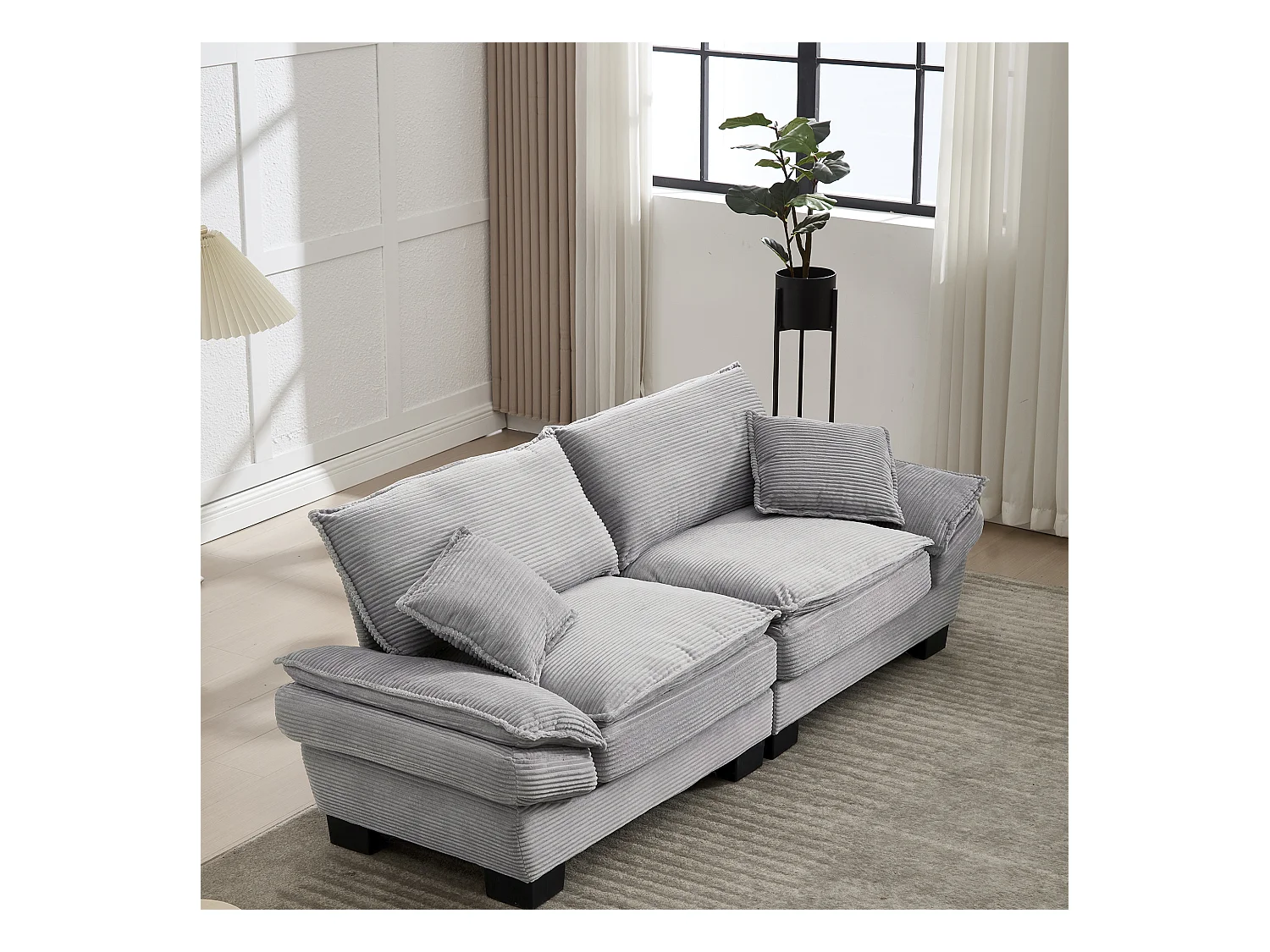 Canapé fixe 2 places en velours gris clair ultra-profond – assise moelleuse et accoudoirs rembourrés - 224x81x81cm