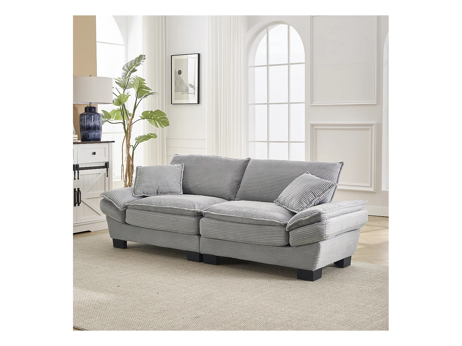 Canapé fixe 2 places en velours gris clair ultra-profond – assise moelleuse et accoudoirs rembourrés - 224x81x81cm