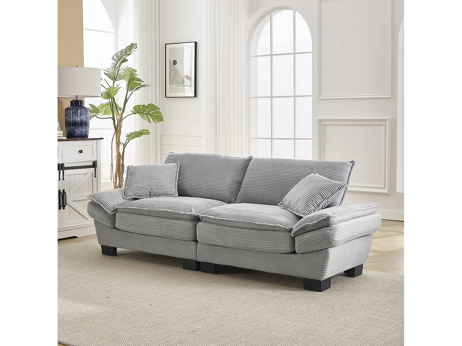 Canapé fixe 2 places en velours gris clair ultra-profond – assise moelleuse et accoudoirs rembourrés - 224x81x81cm