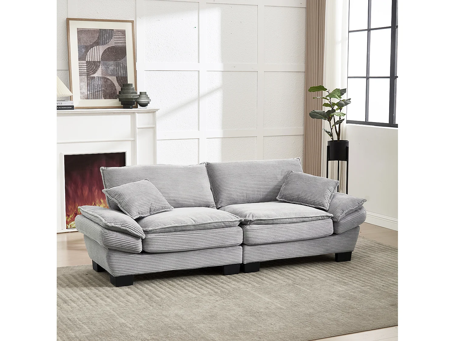 Canapé fixe 2 places en velours gris clair ultra-profond – assise moelleuse et accoudoirs rembourrés - 224x81x81cm