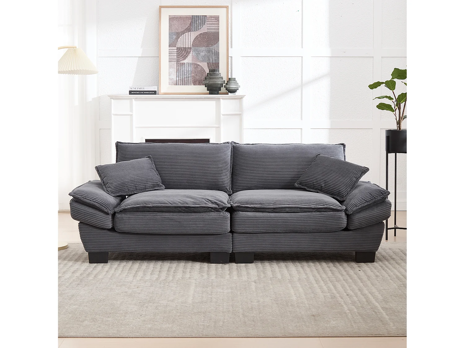 Canapé fixe 2 places en velours gris ultra-profond – assise moelleuse et accoudoirs rembourrés - 224x81x81cm