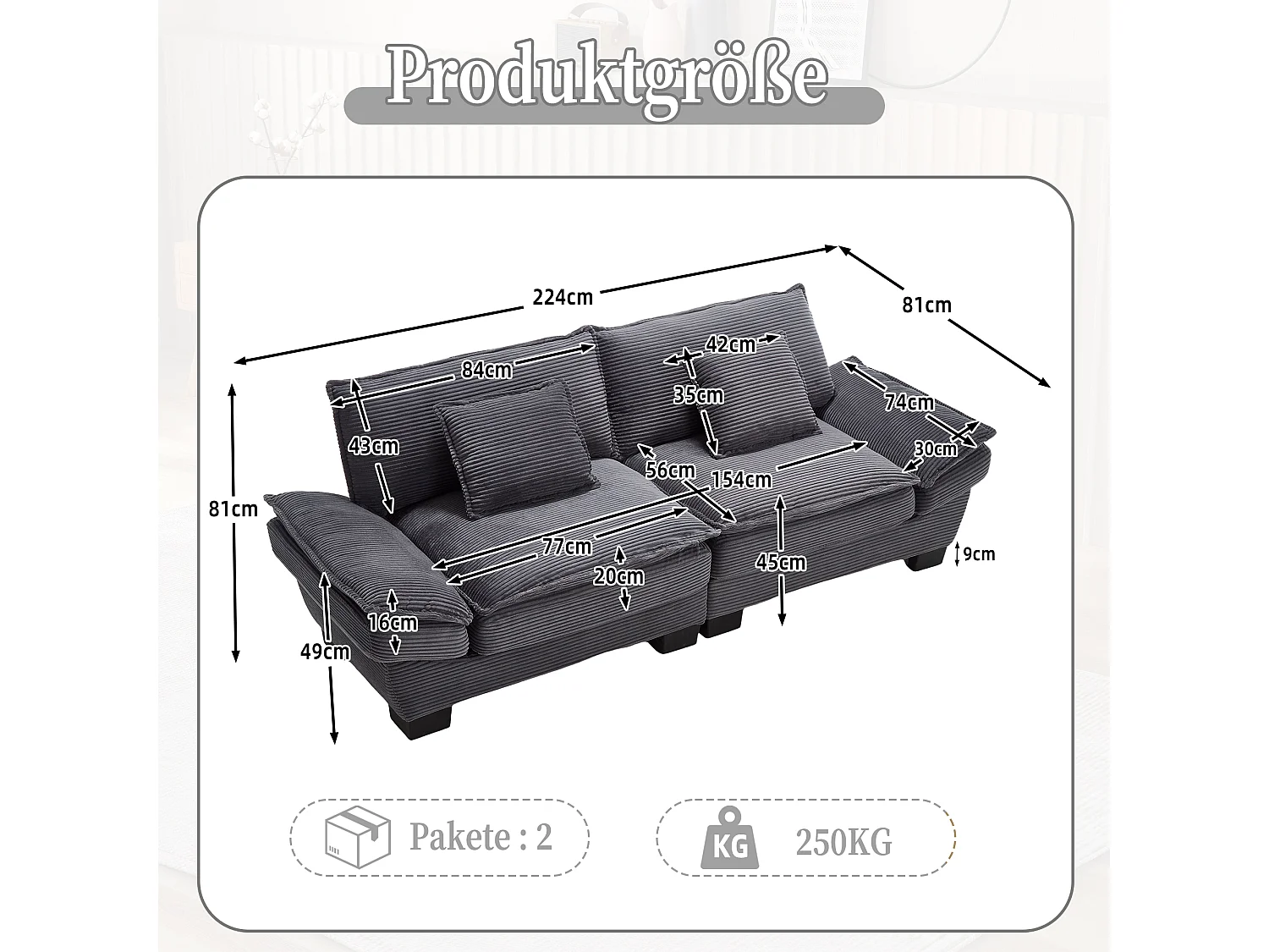 Canapé fixe 2 places en velours gris ultra-profond – assise moelleuse et accoudoirs rembourrés - 224x81x81cm