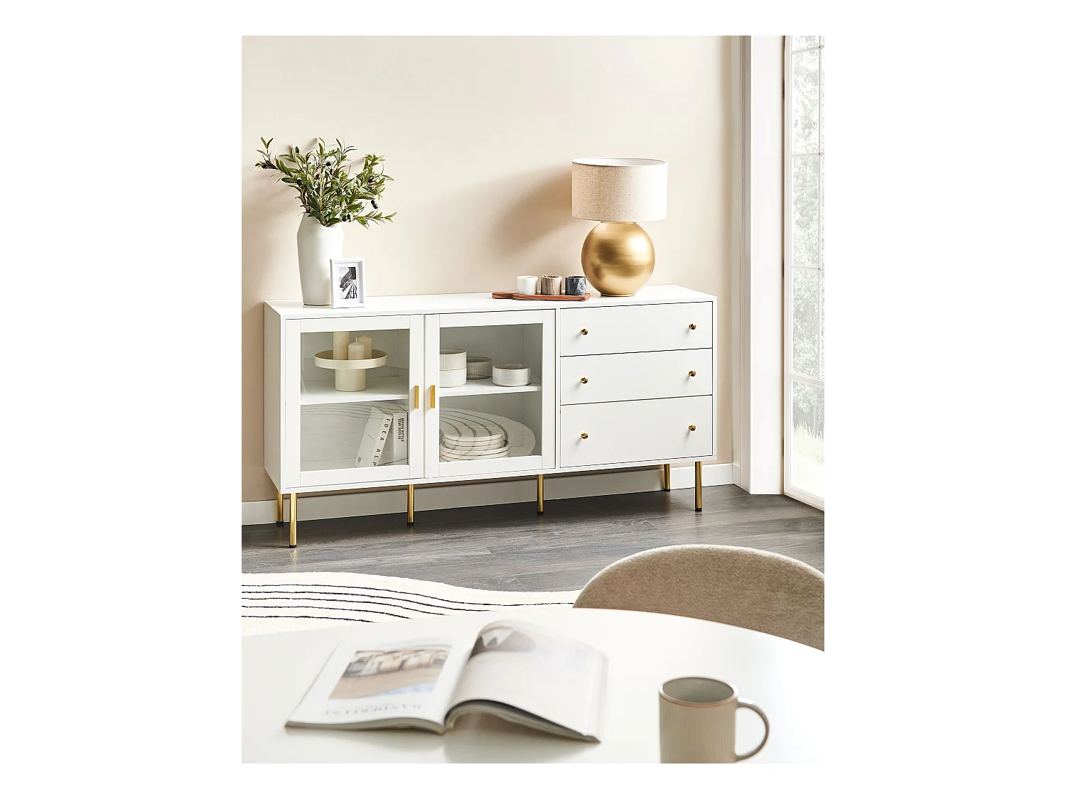 Buffet avec vitrine en verre MILORA 160 cm Blanc