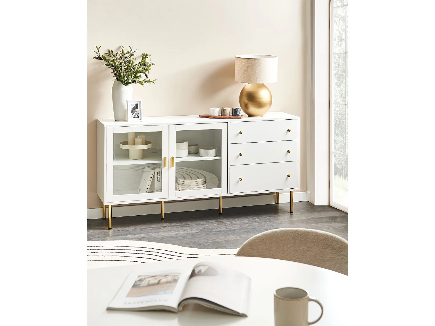 Buffet avec vitrine en verre MILORA 160 cm Blanc