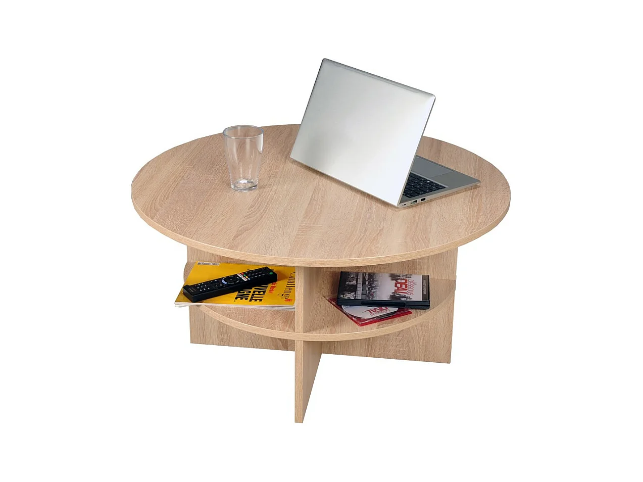 Table basse ronde 80cm 2 plateaux pratique pour le rangement