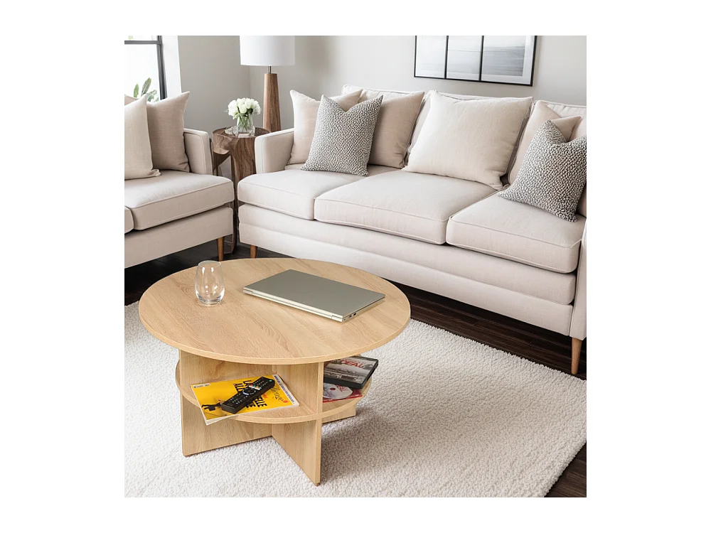 Table basse ronde 80cm 2 plateaux pratique pour le rangement