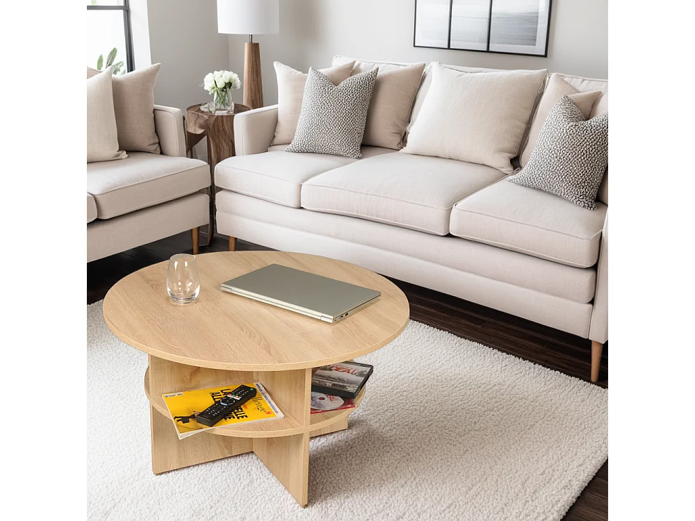 Table basse ronde 80cm 2 plateaux pratique pour le rangement