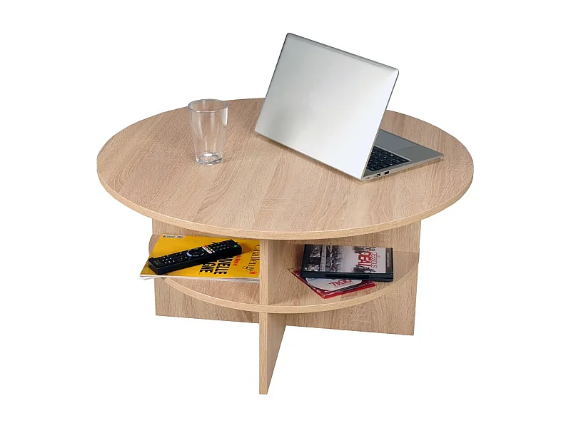 Table basse ronde 80cm 2 plateaux pratique pour le rangement