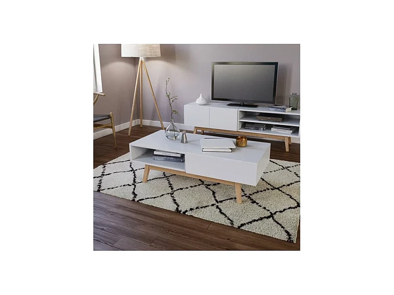 Table basse 120x60cm HONA couleur Blanc et Chêne design moderne de haute qualité