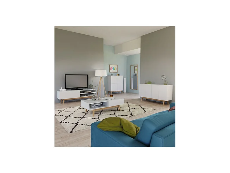 Table basse 120x60cm HONA couleur Blanc et Chêne design moderne de haute qualité