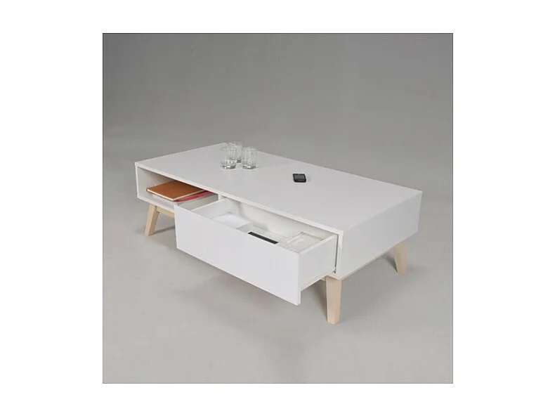 Table basse 120x60cm HONA couleur Blanc et Chêne design moderne de haute qualité