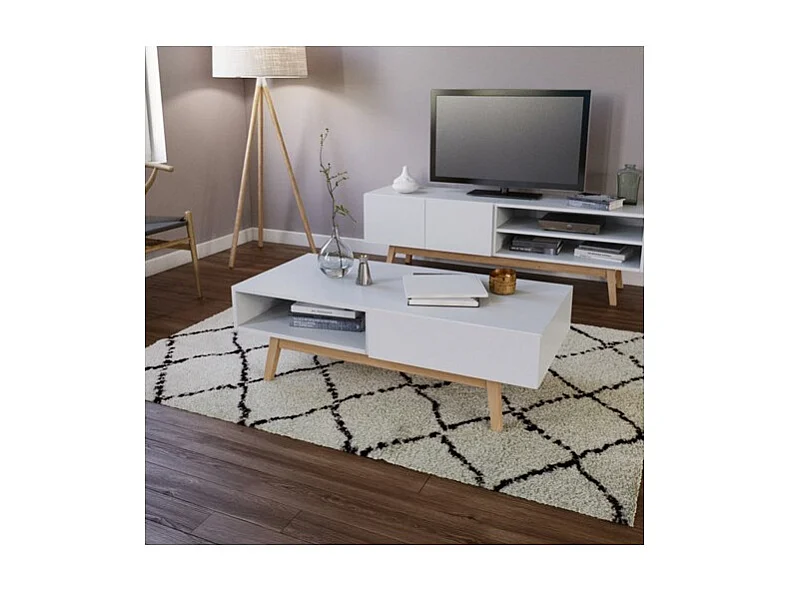 Table basse 120x60cm HONA couleur Blanc et Chêne design moderne de haute qualité