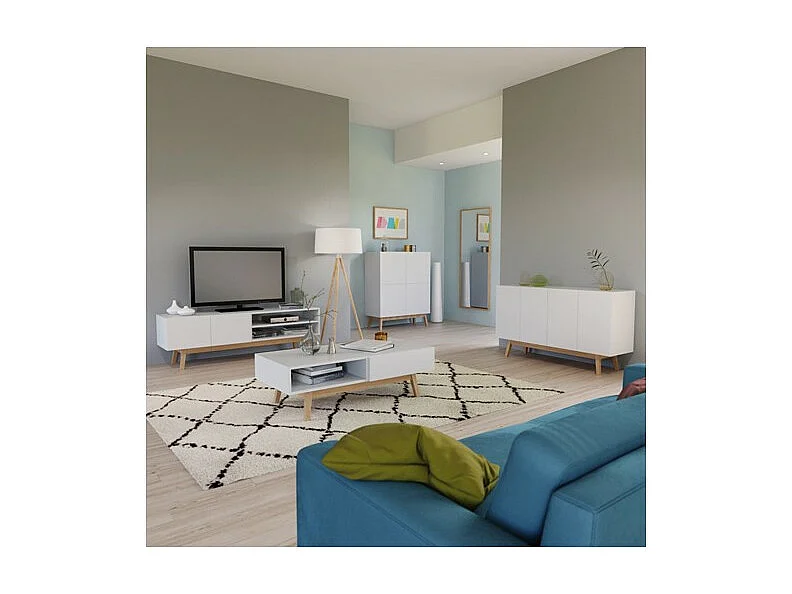 Table basse 120x60cm HONA couleur Blanc et Chêne design moderne de haute qualité