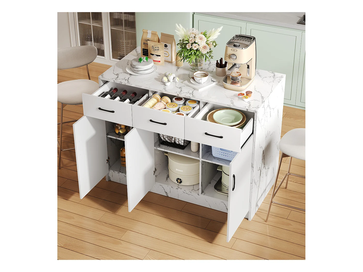 Îlot de cuisine (120x60x90.5cm)moderne en placage de marbre blanc avec espace bar et plan de travail résistant