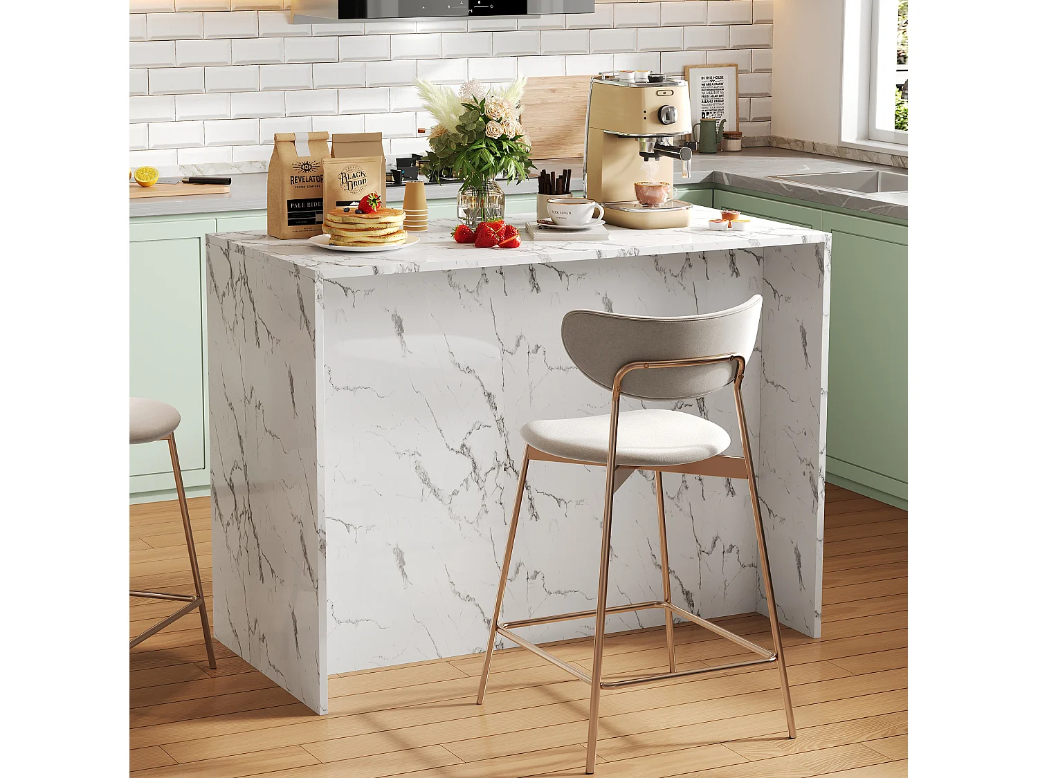 Îlot de cuisine (120x60x90.5cm)moderne en placage de marbre blanc avec espace bar et plan de travail résistant