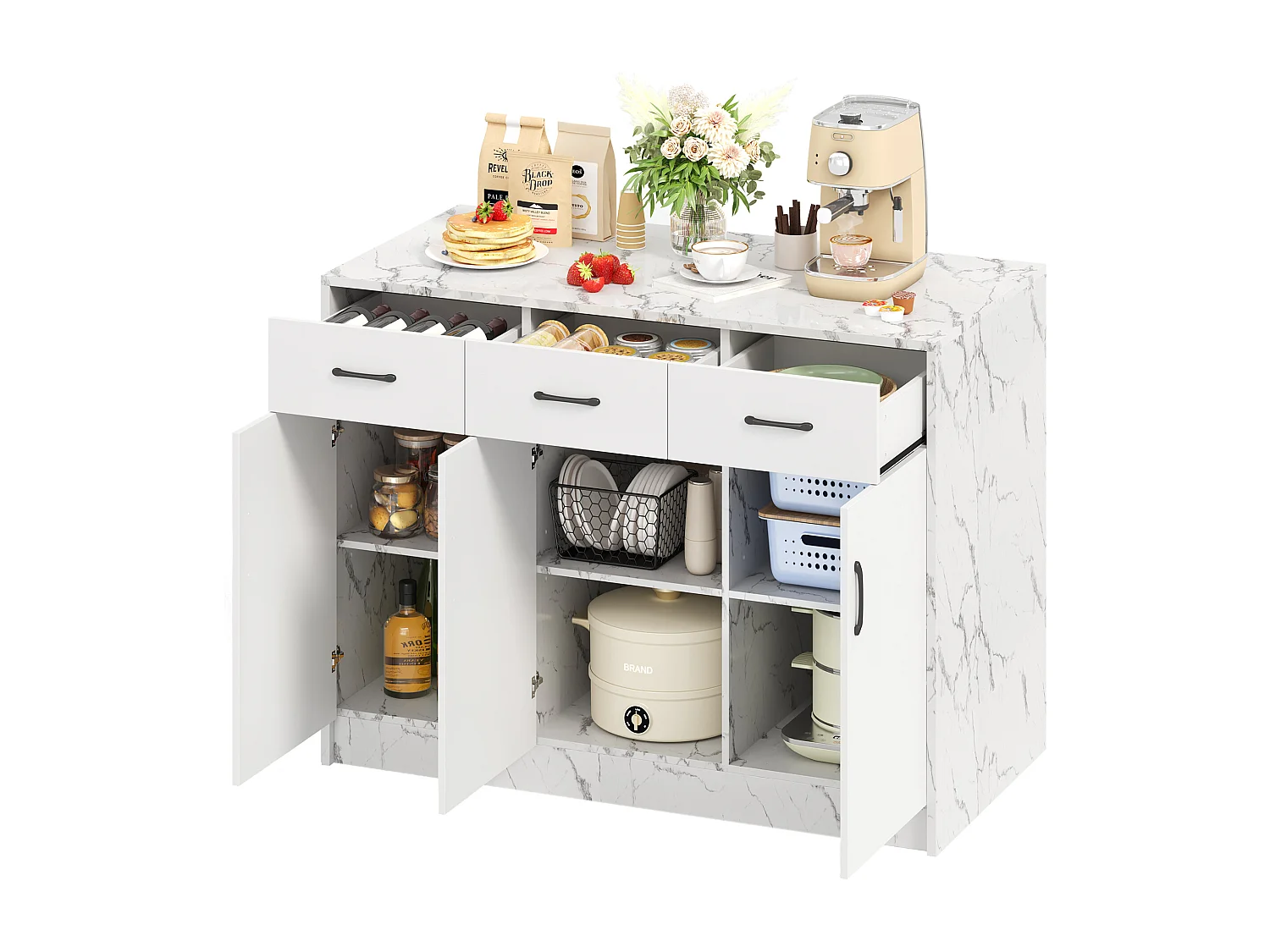 Îlot de cuisine (120x60x90.5cm)moderne en placage de marbre blanc avec espace bar et plan de travail résistant