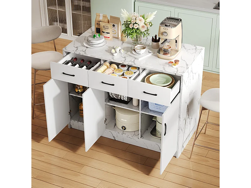 Îlot de cuisine (120x60x90.5cm)moderne en placage de marbre blanc avec espace bar et plan de travail résistant