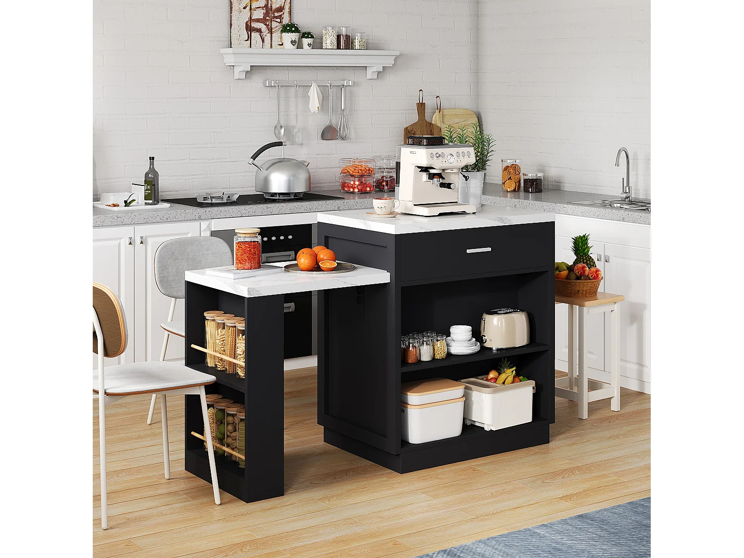 Îlot de cuisine (211x55x89.5cm)extensible 2–6 pers avec prises USB et rangements - Noir