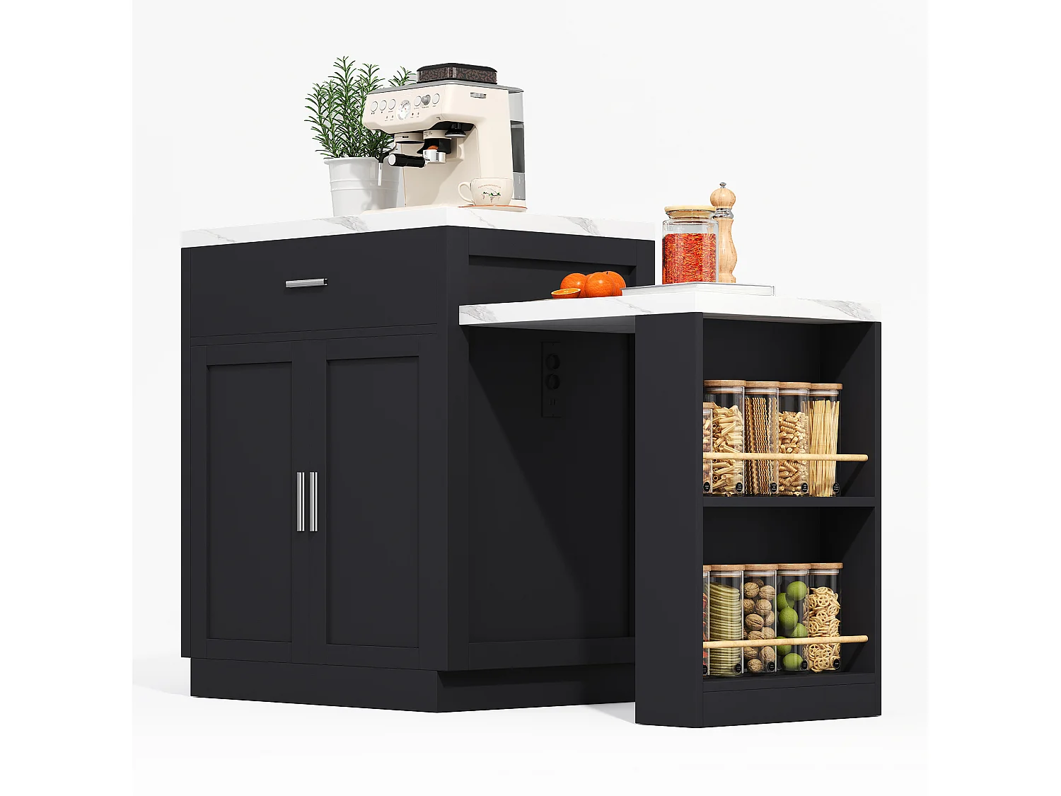 Îlot de cuisine (211x55x89.5cm)extensible 2–6 pers avec prises USB et rangements - Noir