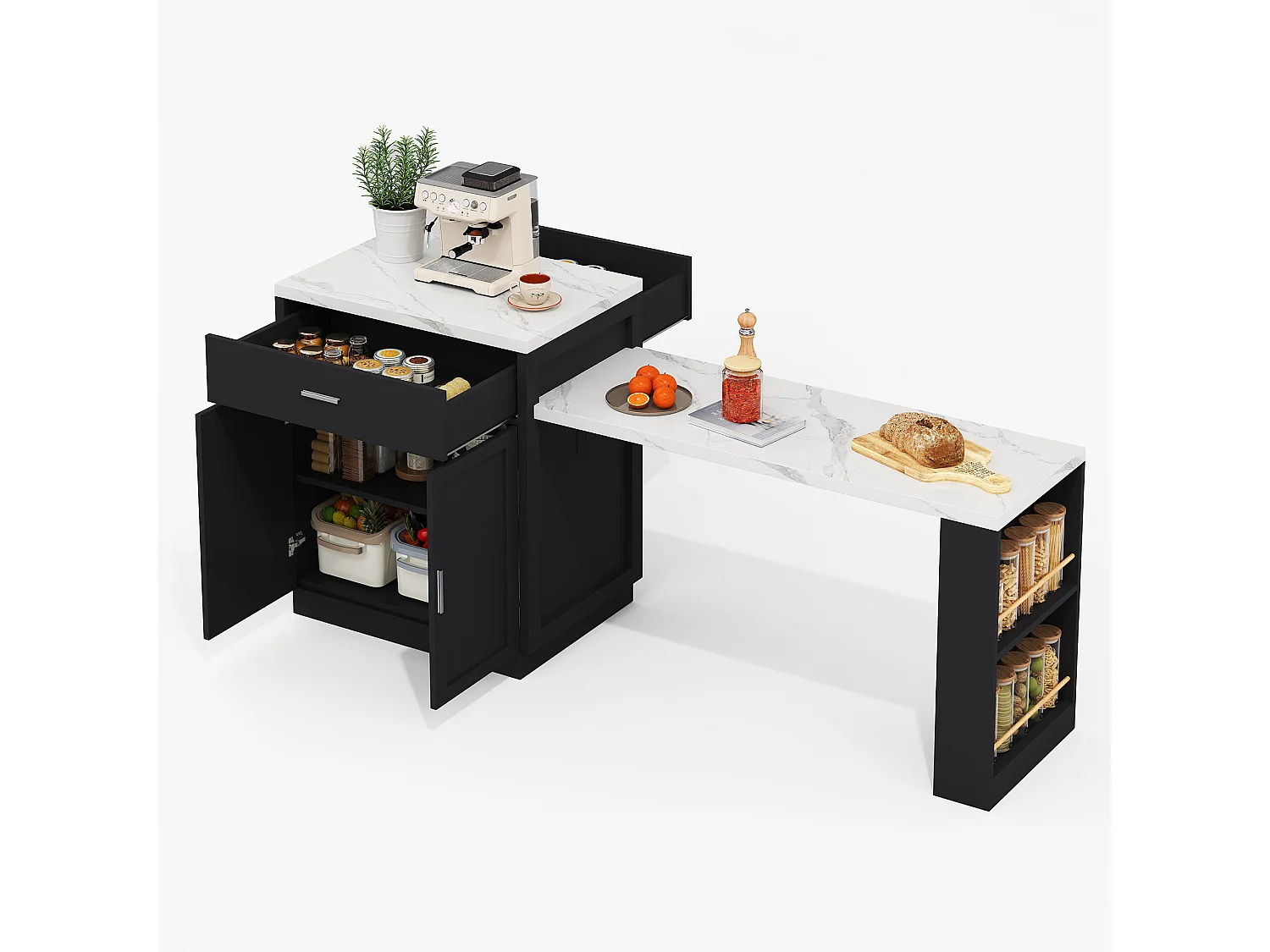 Îlot de cuisine (211x55x89.5cm)extensible 2–6 pers avec prises USB et rangements - Noir
