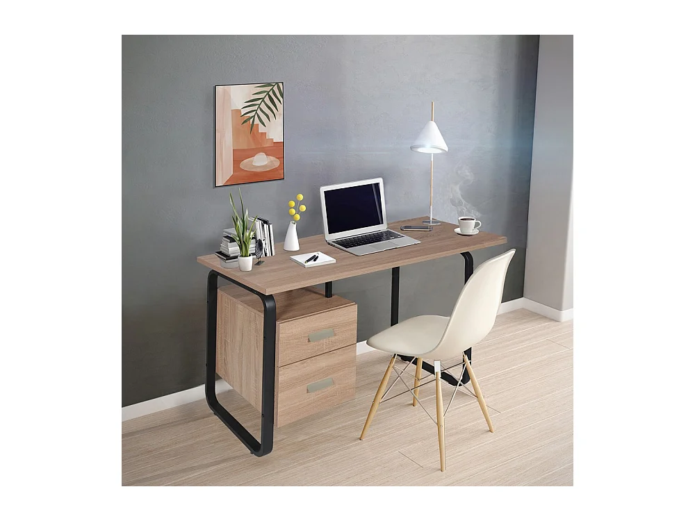 Bureau 120x60cm couleur Chêne et metal noir avec 2 tiroirs PERLE