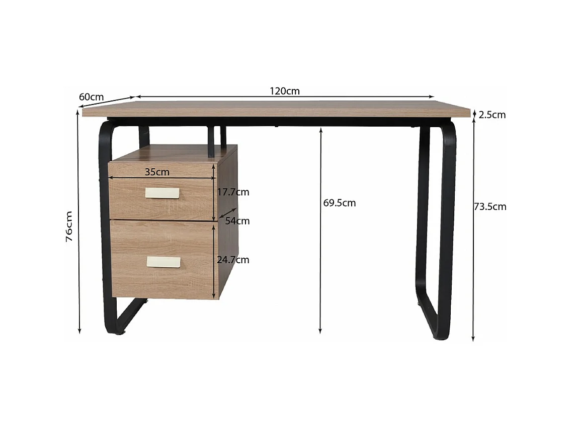Bureau 120x60cm couleur Chêne et metal noir avec 2 tiroirs PERLE