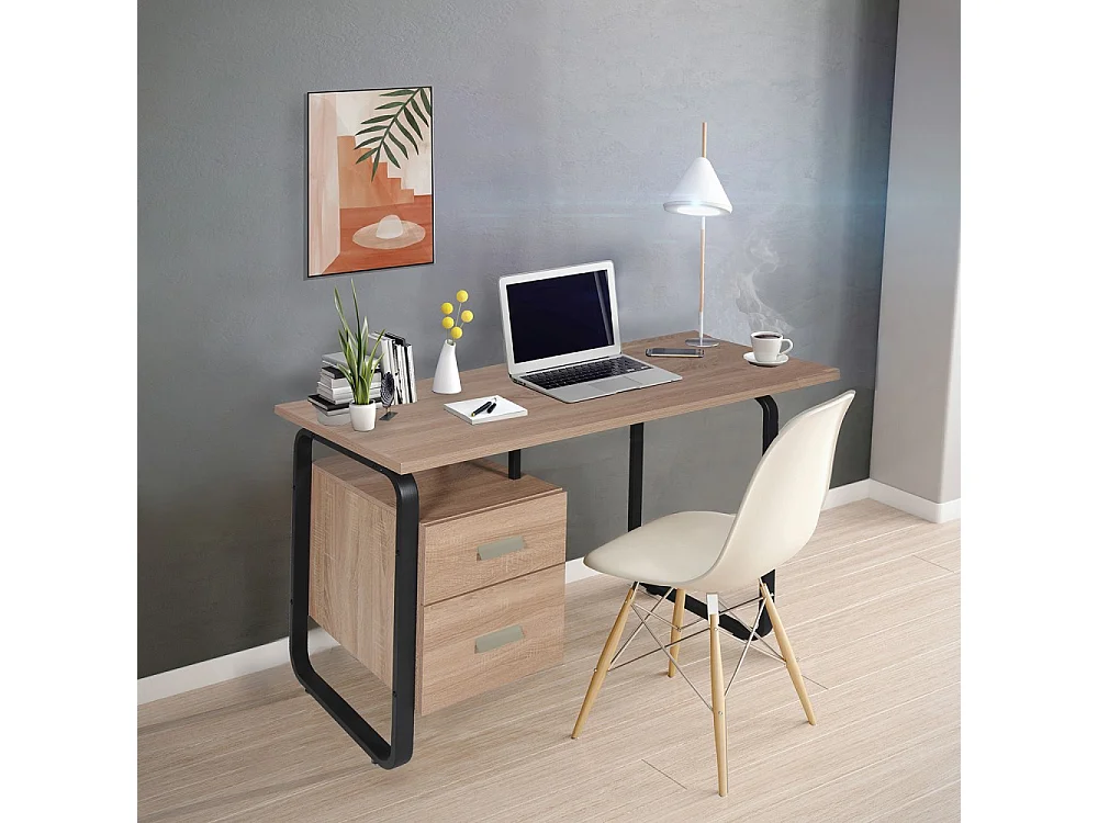 Bureau 120x60cm couleur Chêne et metal noir avec 2 tiroirs PERLE