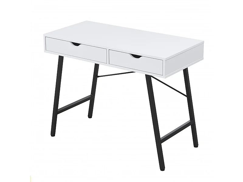 Bureau 100x48cm couleur Blanc et metal noir BATIN avec 2 tiroirs