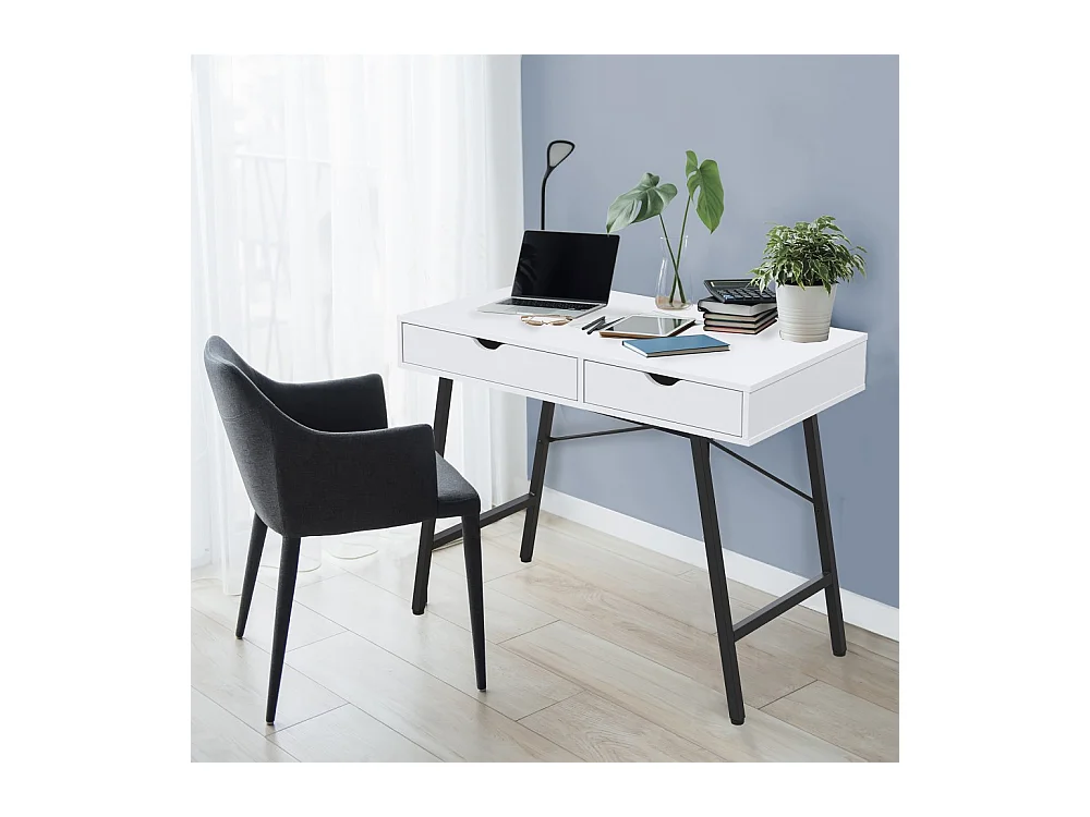 Bureau 100x48cm couleur Blanc et metal noir BATIN avec 2 tiroirs