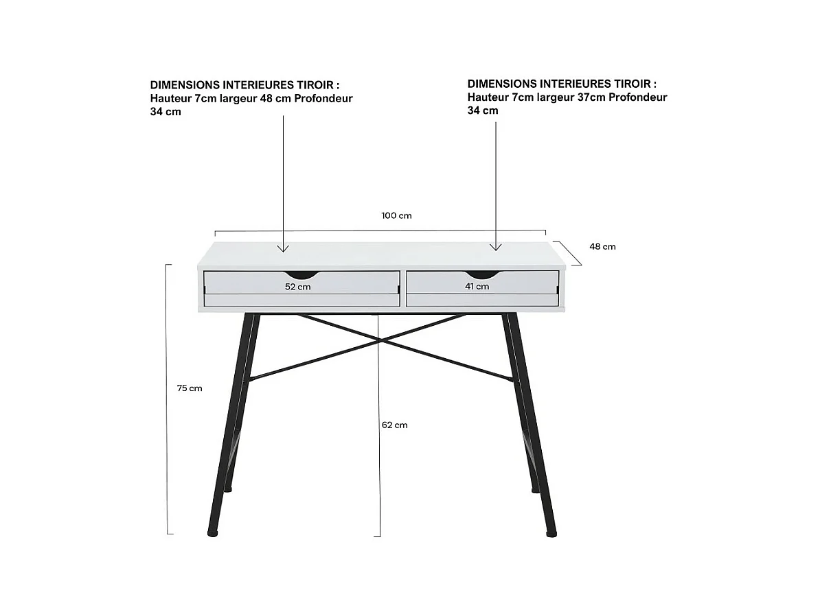 Bureau 100x48cm couleur Blanc et metal noir BATIN avec 2 tiroirs