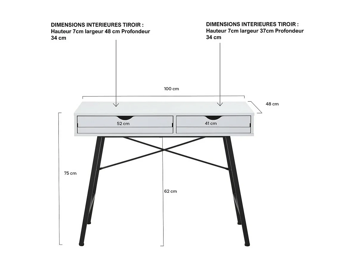 Bureau 100x48cm couleur Blanc et metal noir BATIN avec 2 tiroirs