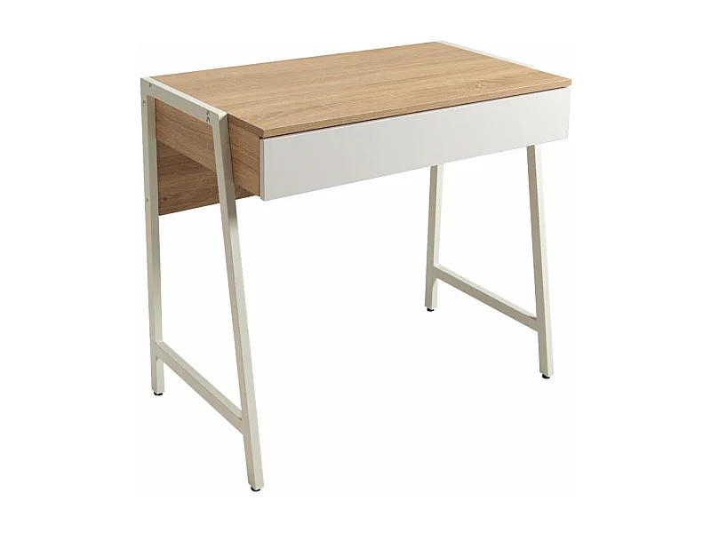 Bureau 80x48cm couleur Chêne et blanc POLU avec 1 tiroir