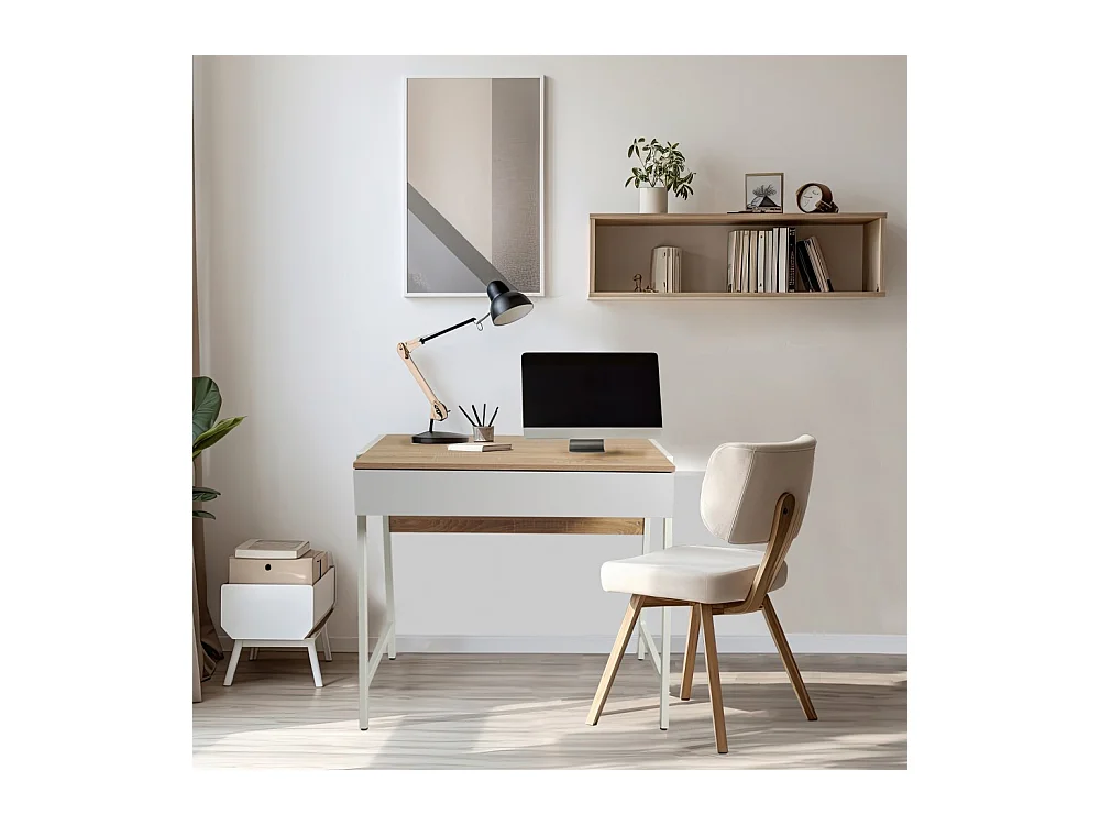 Bureau 80x48cm couleur Chêne et blanc POLU avec 1 tiroir