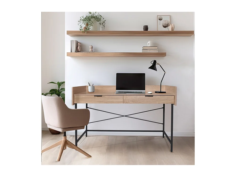 Bureau 123x54cm couleur Chêne et metal noir CAMI avec 2 tiroirs