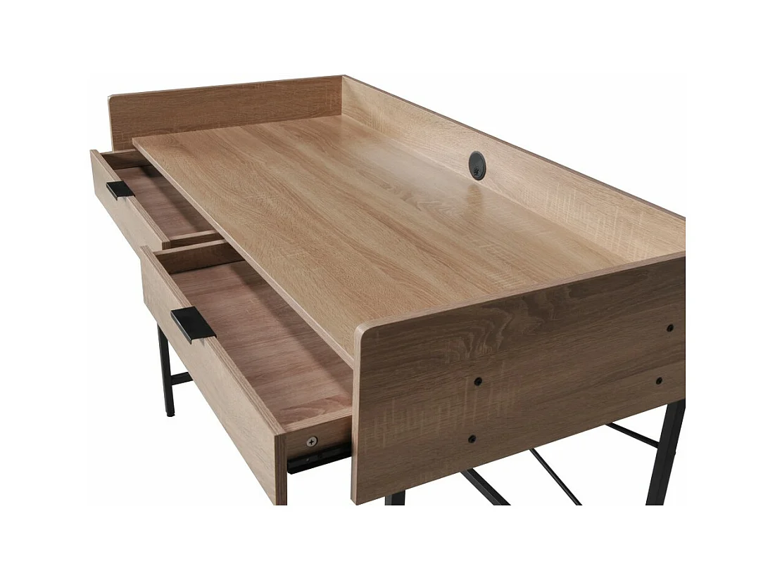 Bureau 123x54cm couleur Chêne et metal noir CAMI avec 2 tiroirs