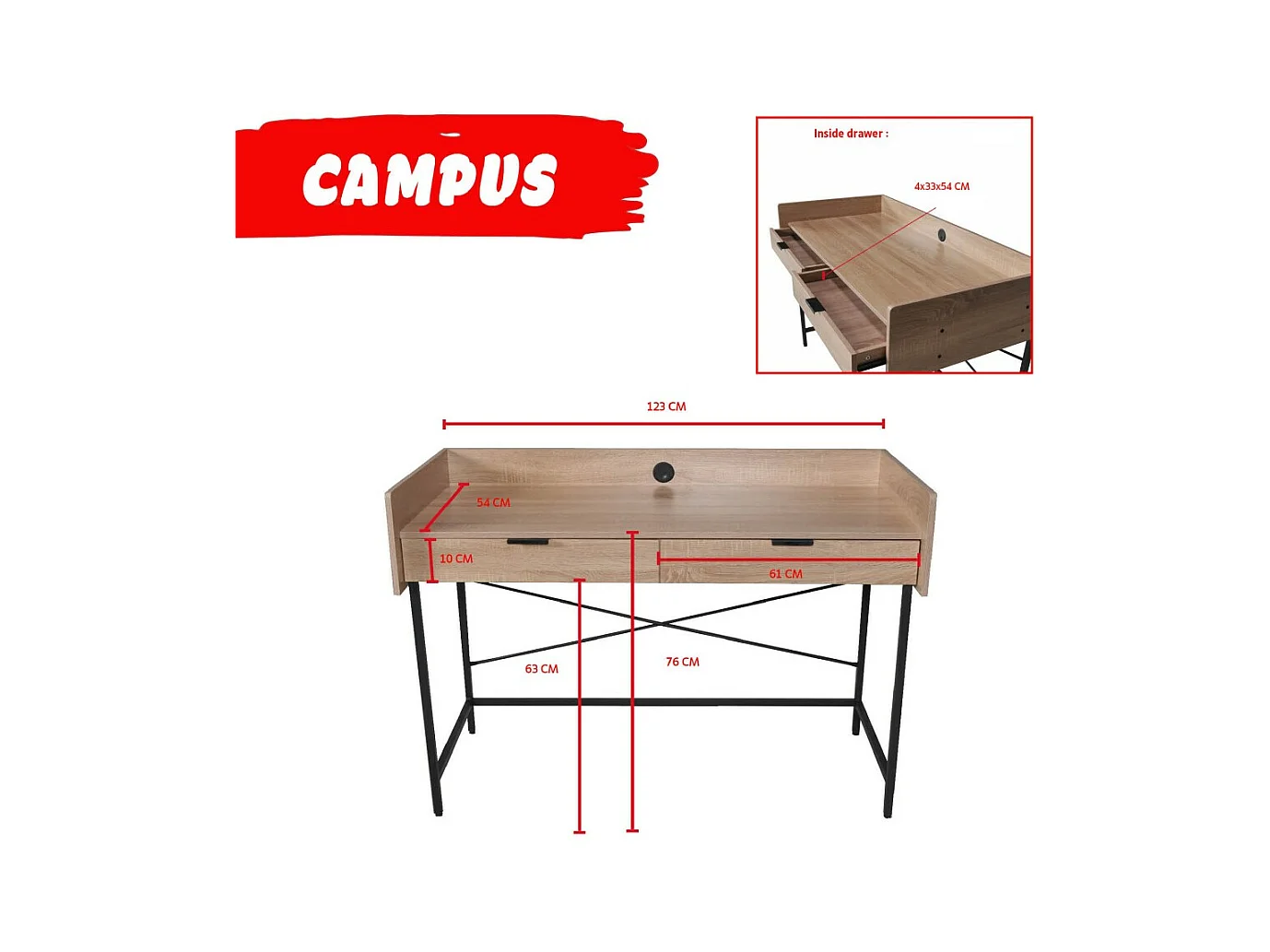 Bureau 123x54cm couleur Chêne et metal noir CAMI avec 2 tiroirs