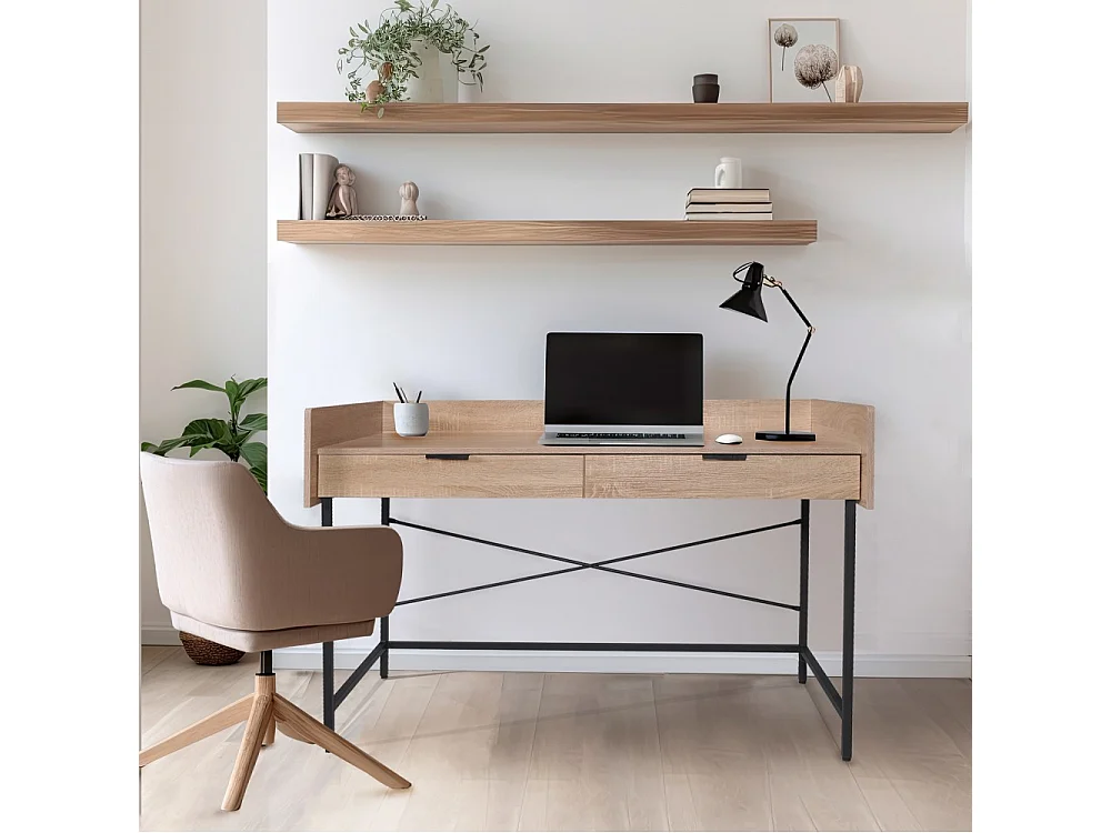 Bureau 123x54cm couleur Chêne et metal noir CAMI avec 2 tiroirs
