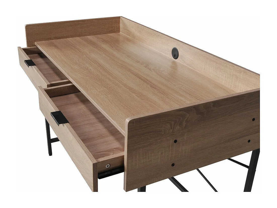 Bureau 123x54cm couleur Chêne et metal noir CAMI avec 2 tiroirs