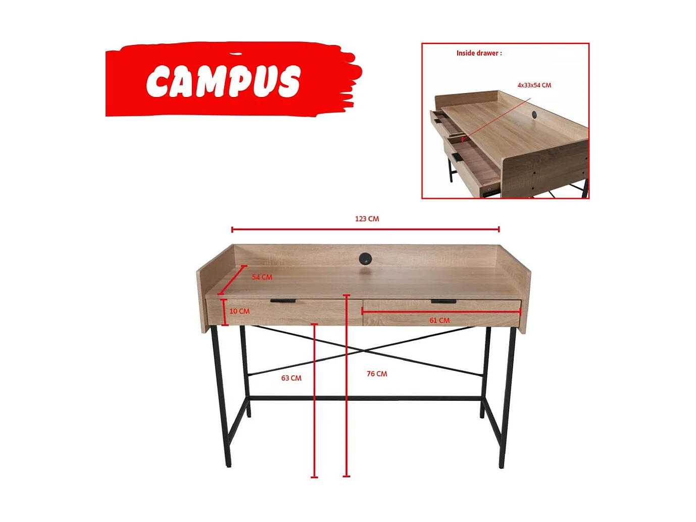 Bureau 123x54cm couleur Chêne et metal noir CAMI avec 2 tiroirs