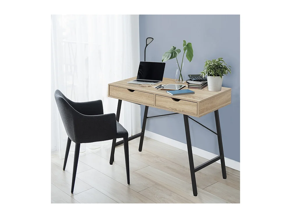 Bureau 100x48cm couleur Chêne et metal noir BATIN avec 2 tiroirs