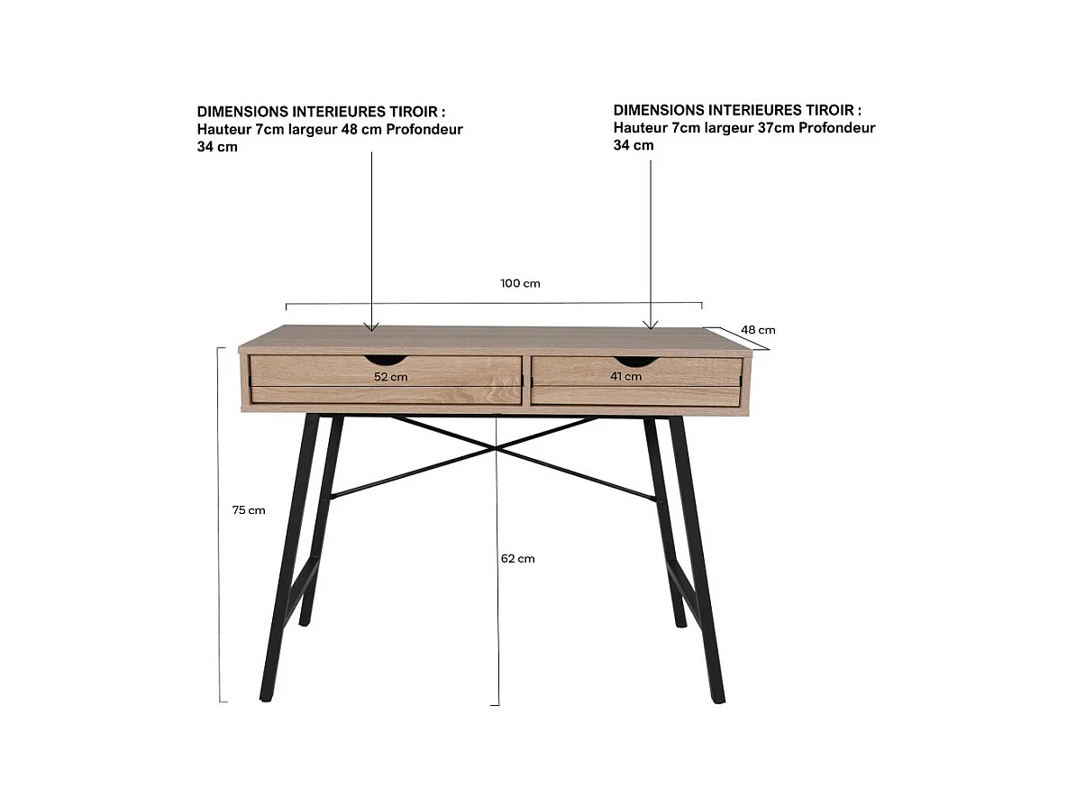 Bureau 100x48cm couleur Chêne et metal noir BATIN avec 2 tiroirs