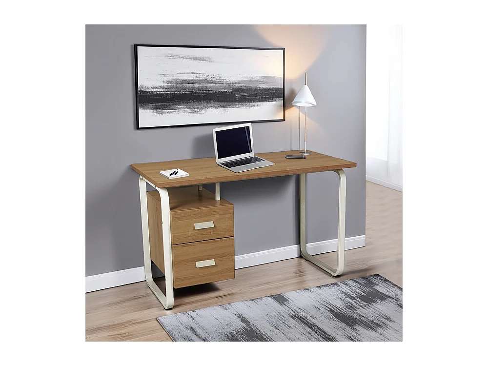 Bureau 120x60cm couleur Chêne et metal blanc avec 2 tiroirs PERLE