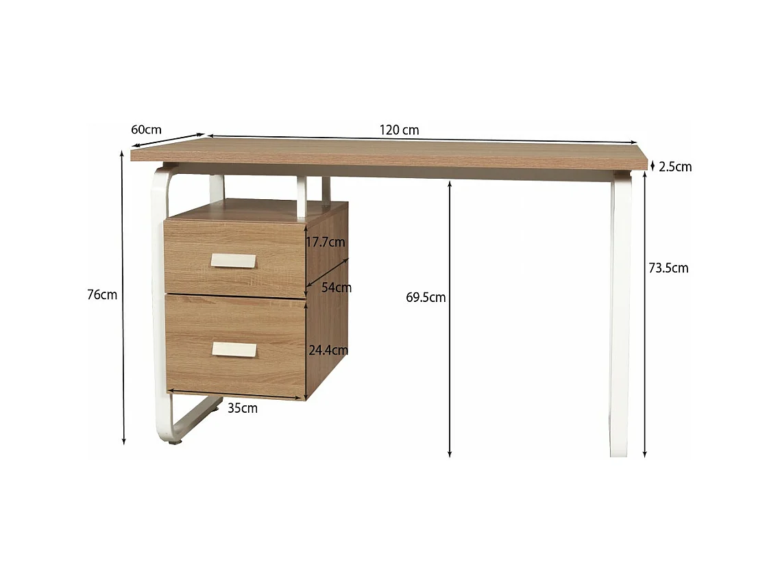 Bureau 120x60cm couleur Chêne et metal blanc avec 2 tiroirs PERLE